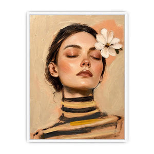 Soft feminine portrait painting with floral accents for peaceful bedroom decor.