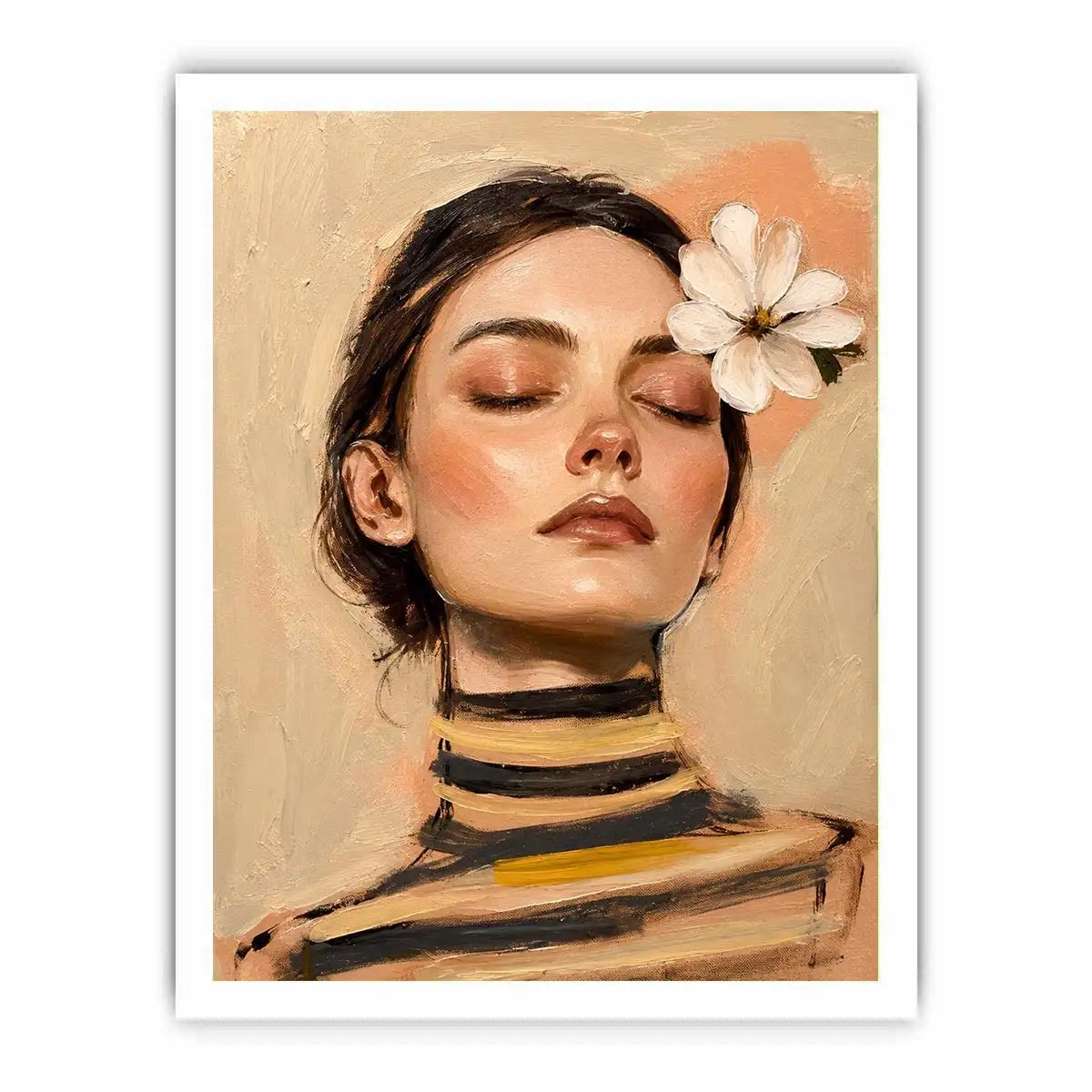 Soft feminine portrait painting with floral accents for peaceful bedroom decor.