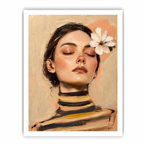 Soft feminine portrait painting with floral accents for peaceful bedroom decor.