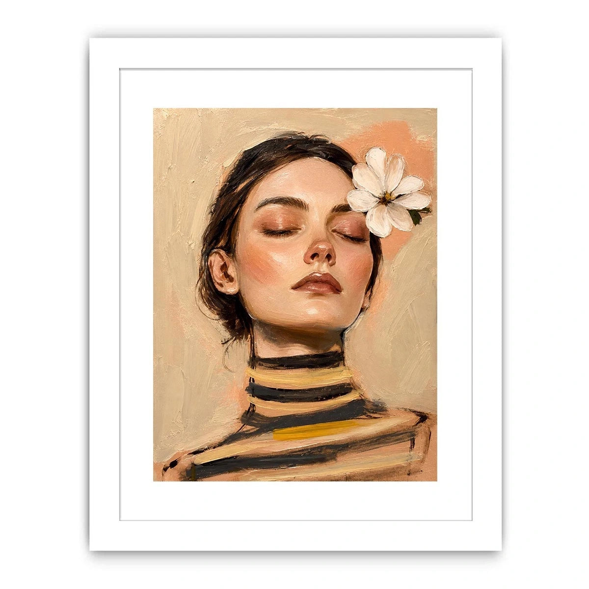 Soft feminine portrait painting with floral accents for peaceful bedroom decor.