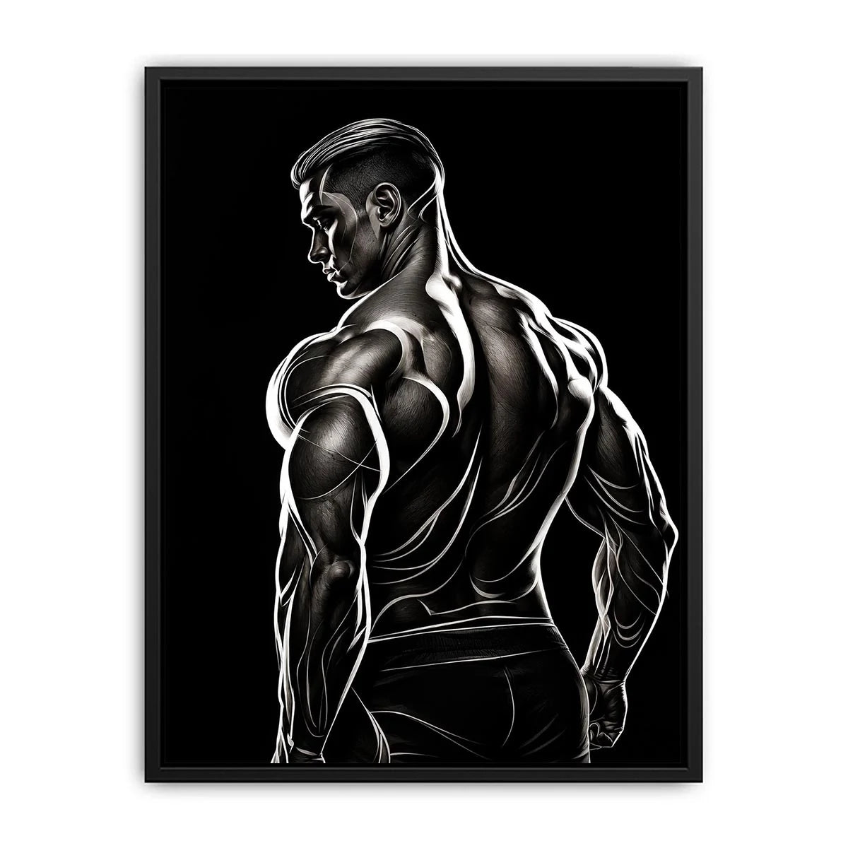 Black and white muscular male line art canvas for modern masculine interior decor.