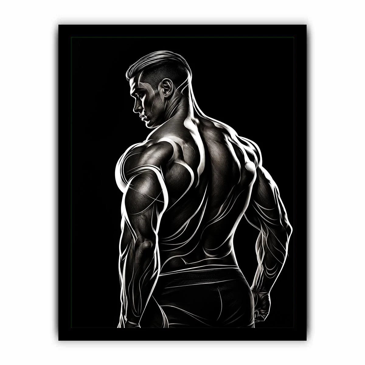 Black and white muscular male line art canvas for modern masculine interior decor.