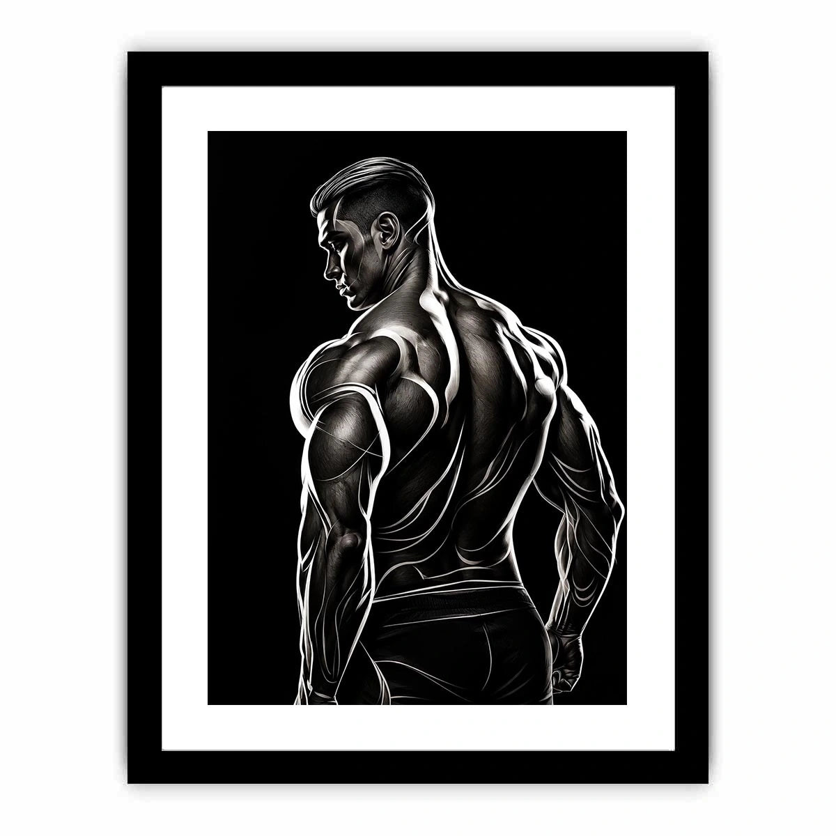 Black and white muscular male line art canvas for modern masculine interior decor.