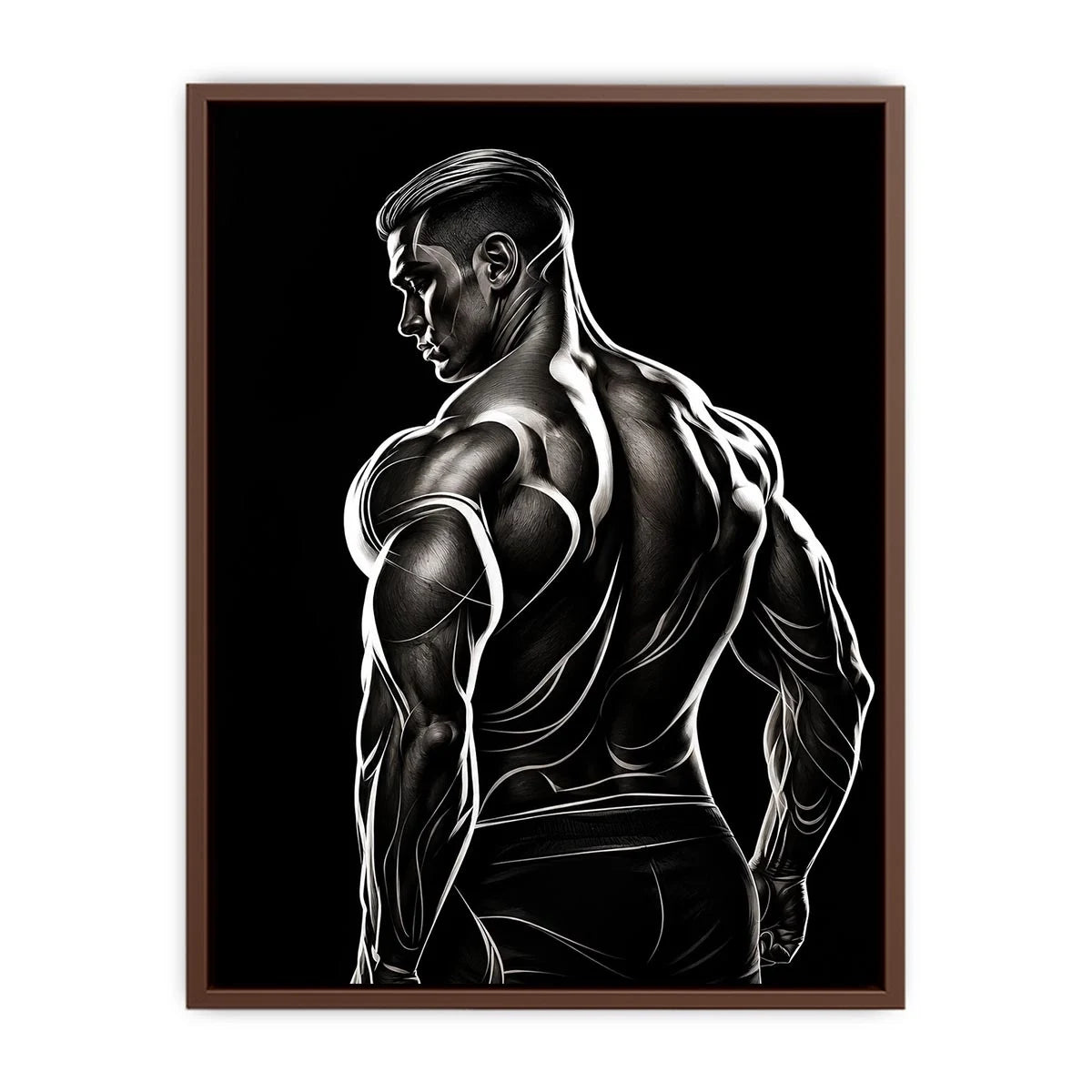 Black and white muscular male line art canvas for modern masculine interior decor.