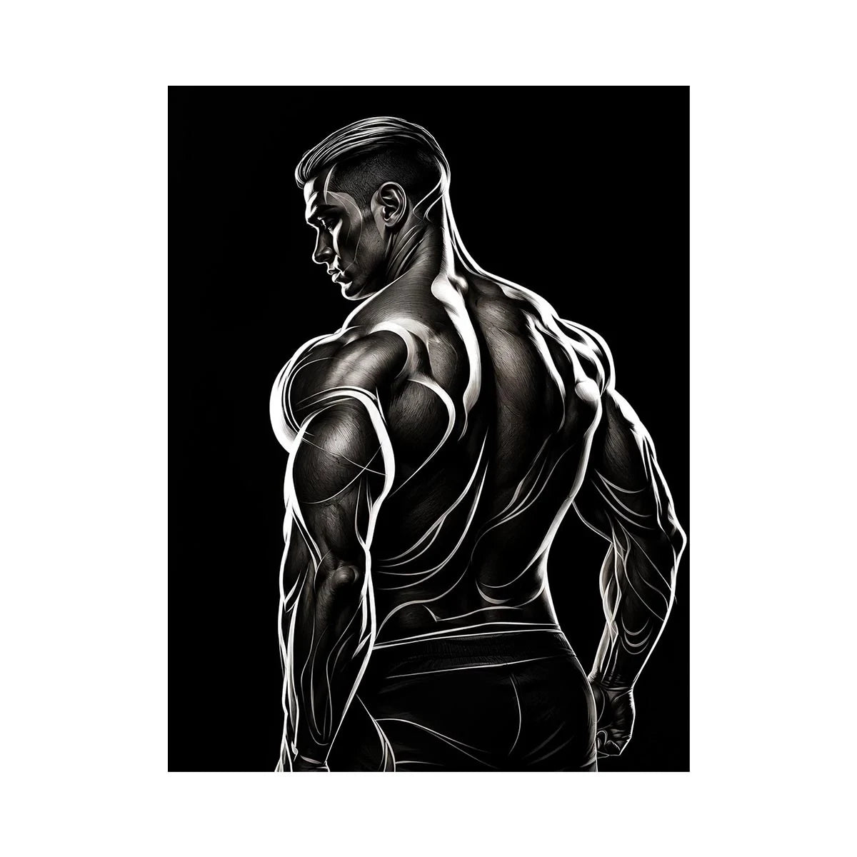 Black and white muscular male line art canvas for modern masculine interior decor.