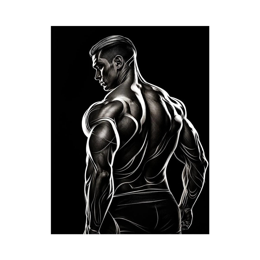 Black and white muscular male line art canvas for modern masculine interior decor.
