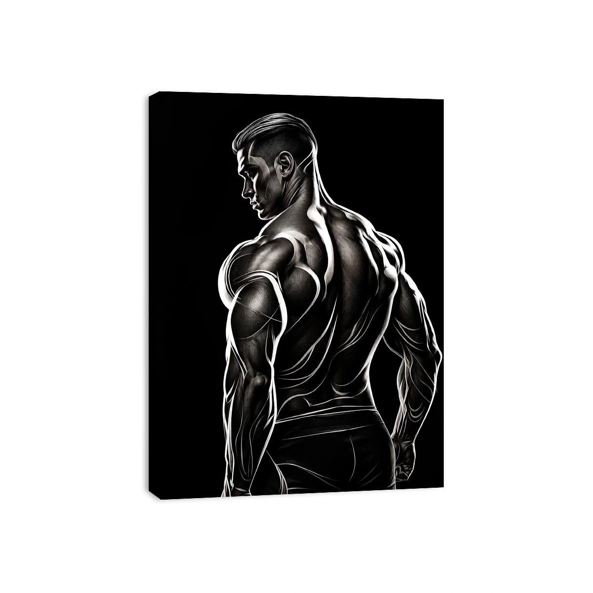 Black and white muscular male line art canvas for modern masculine interior decor.