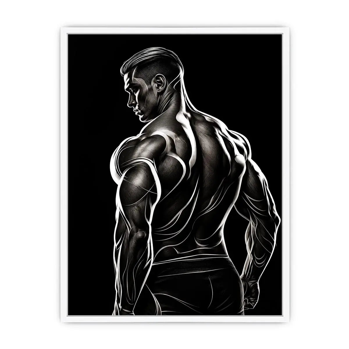 Black and white muscular male line art canvas for modern masculine interior decor.