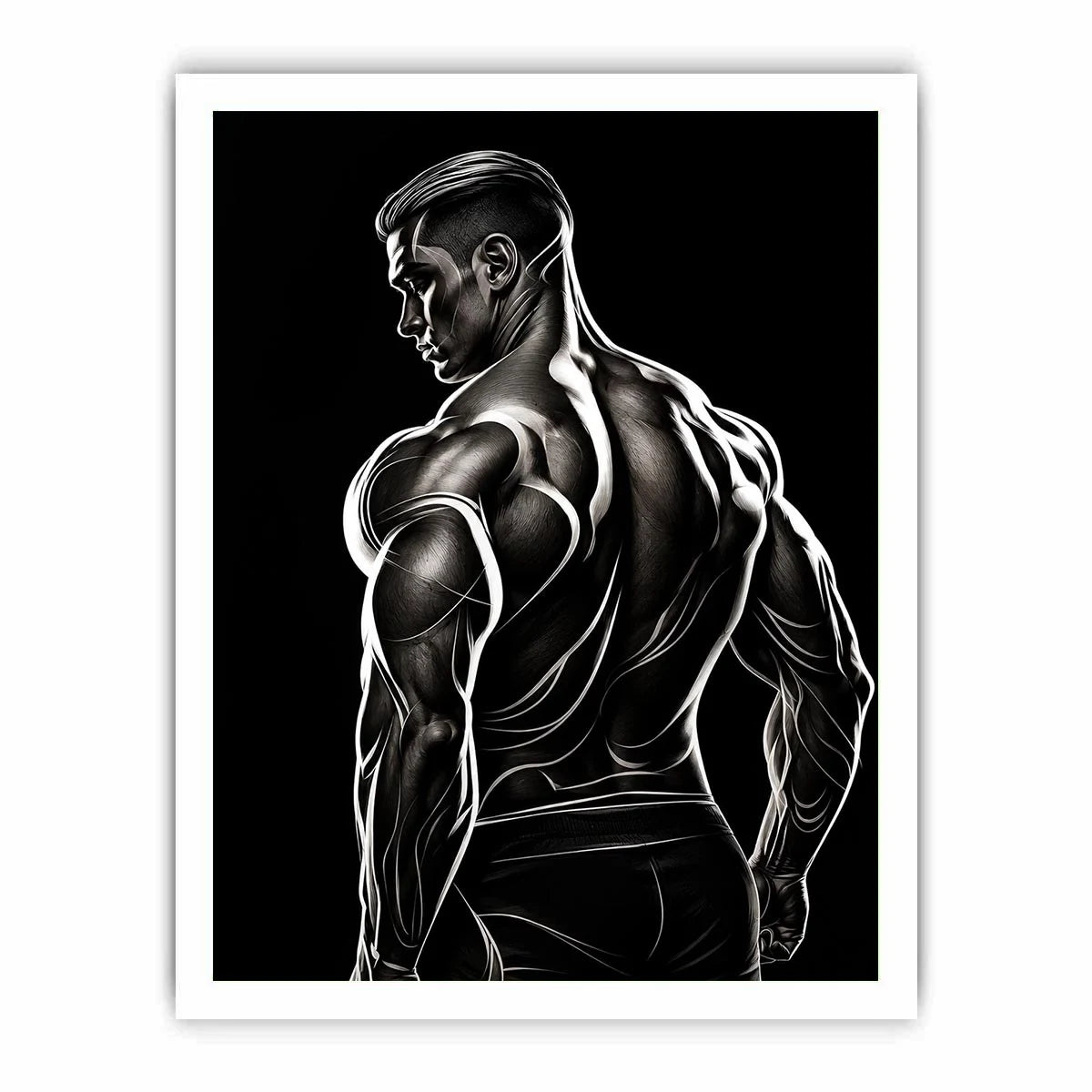 Black and white muscular male line art canvas for modern masculine interior decor.