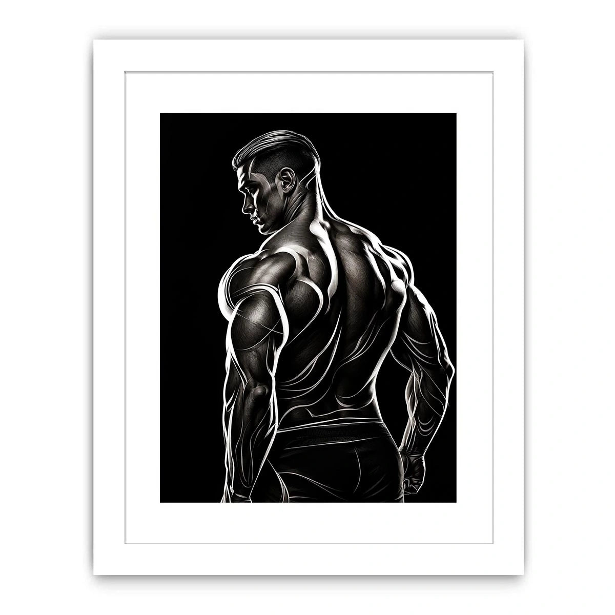 Black and white muscular male line art canvas for modern masculine interior decor.