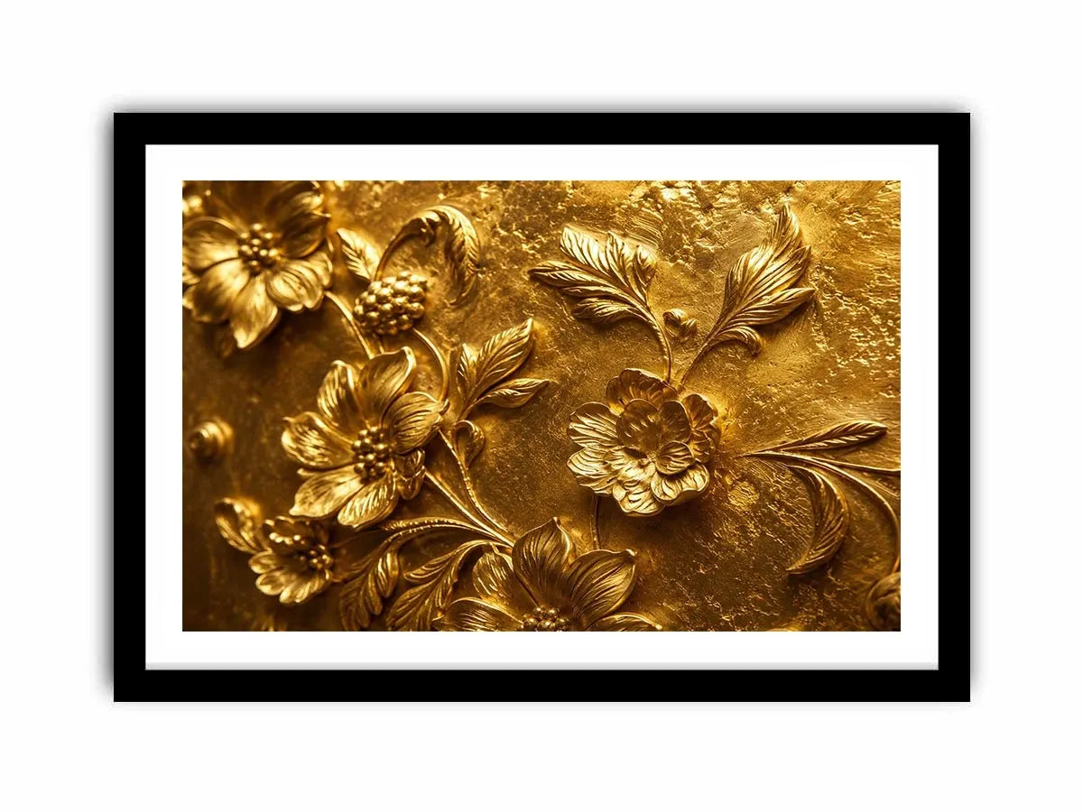 Elegant gold floral relief artwork for luxury living room and hallway decor.