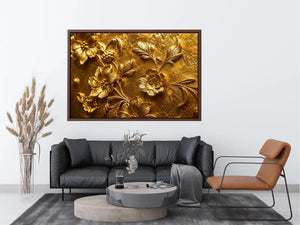 Elegant gold floral relief artwork for luxury living room and hallway decor.