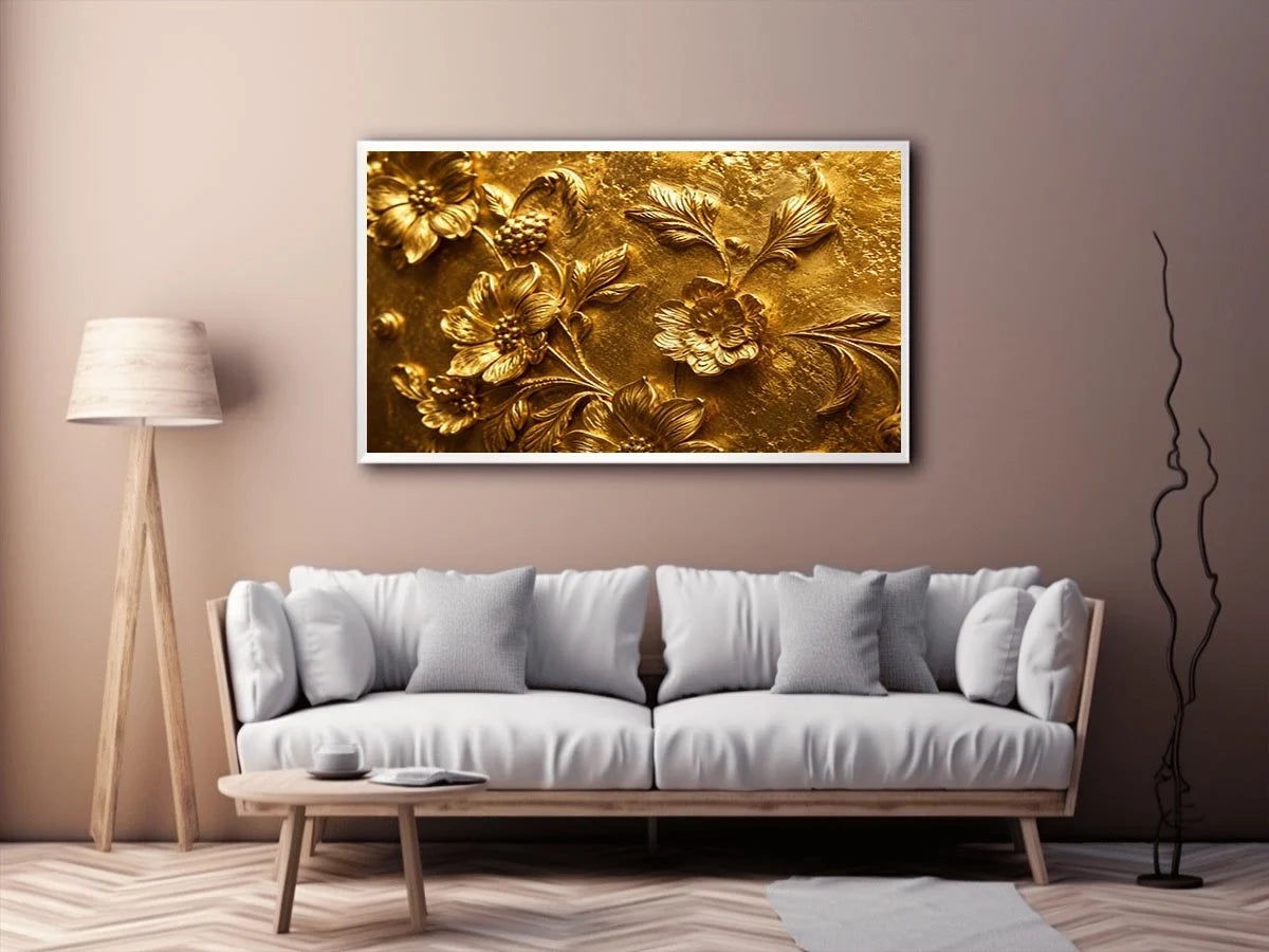 Elegant gold floral relief artwork for luxury living room and hallway decor.