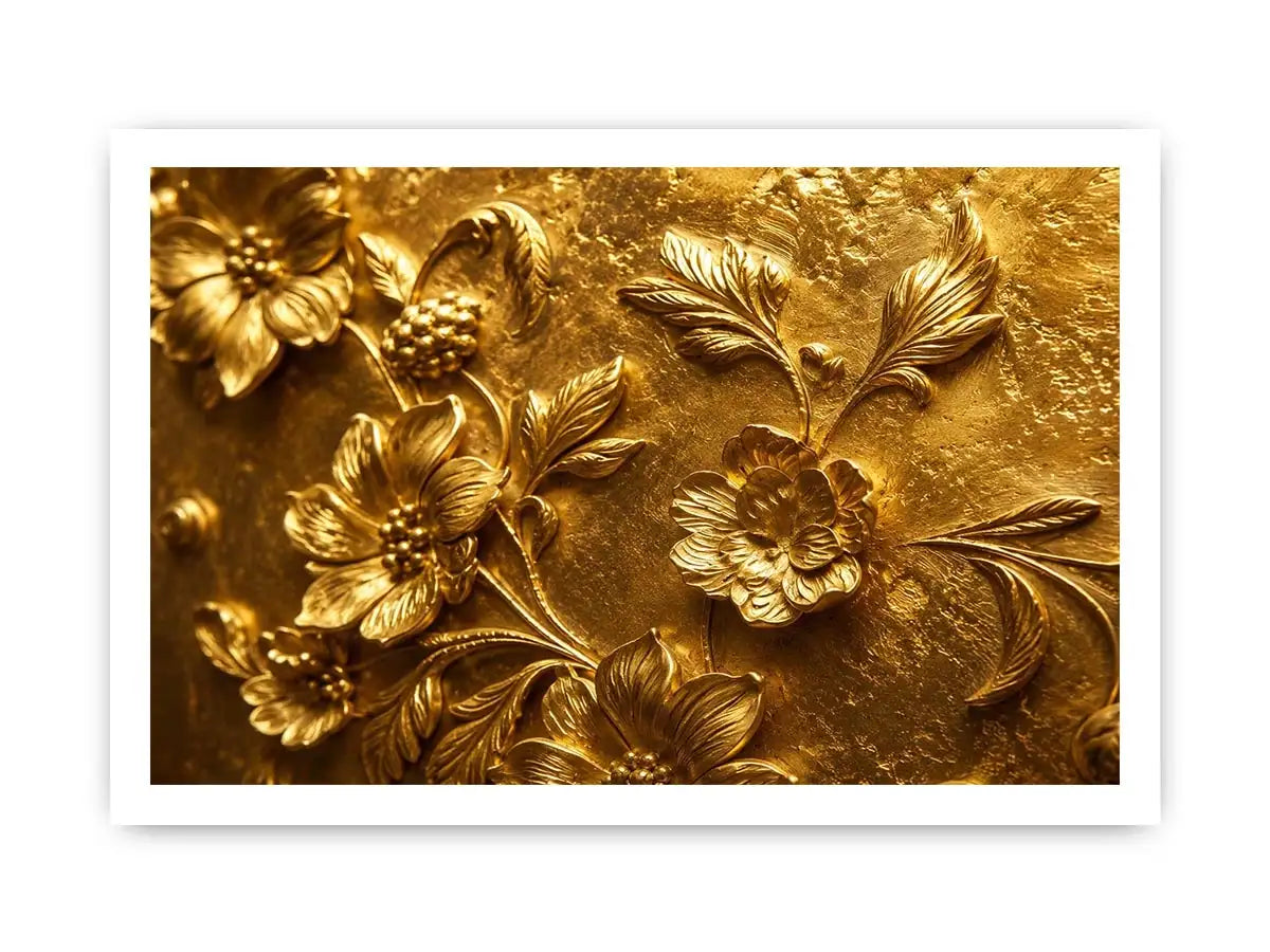 Elegant gold floral relief artwork for luxury living room and hallway decor.
