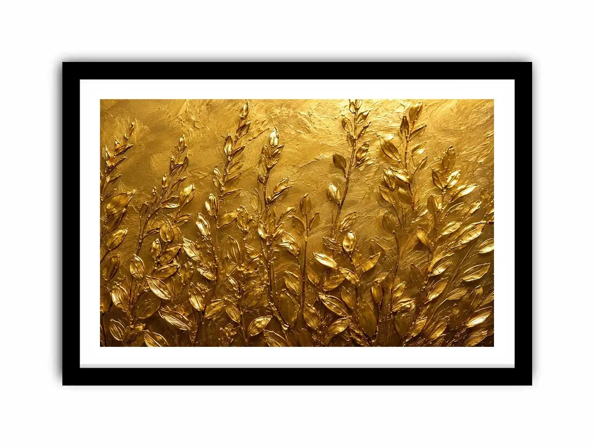 Gold botanical canvas print for warm minimalist bedroom and hallway decor.
