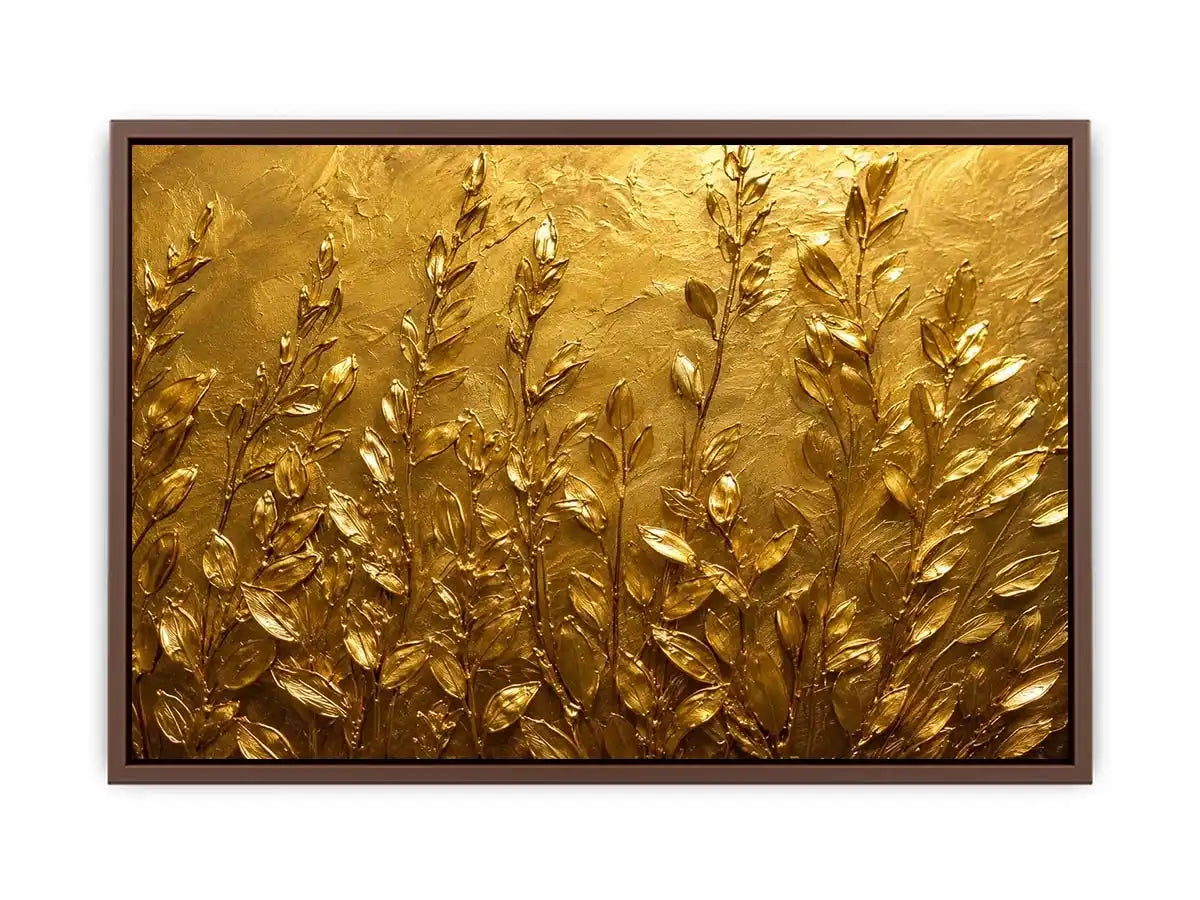 Gold botanical canvas print for warm minimalist bedroom and hallway decor.