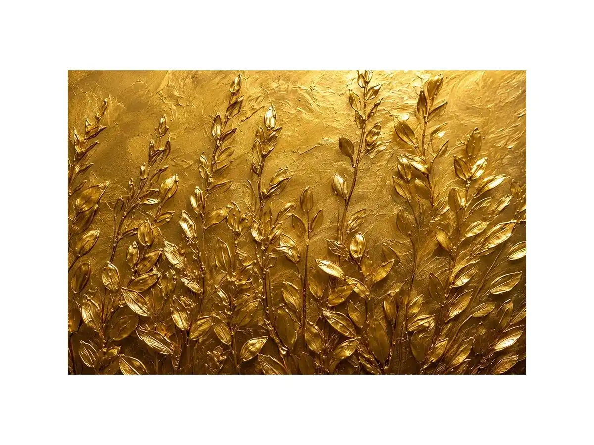 Gold botanical canvas print for warm minimalist bedroom and hallway decor.