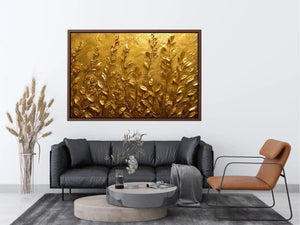 Gold botanical canvas print for warm minimalist bedroom and hallway decor.