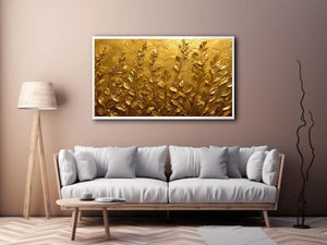 Gold botanical canvas print for warm minimalist bedroom and hallway decor.