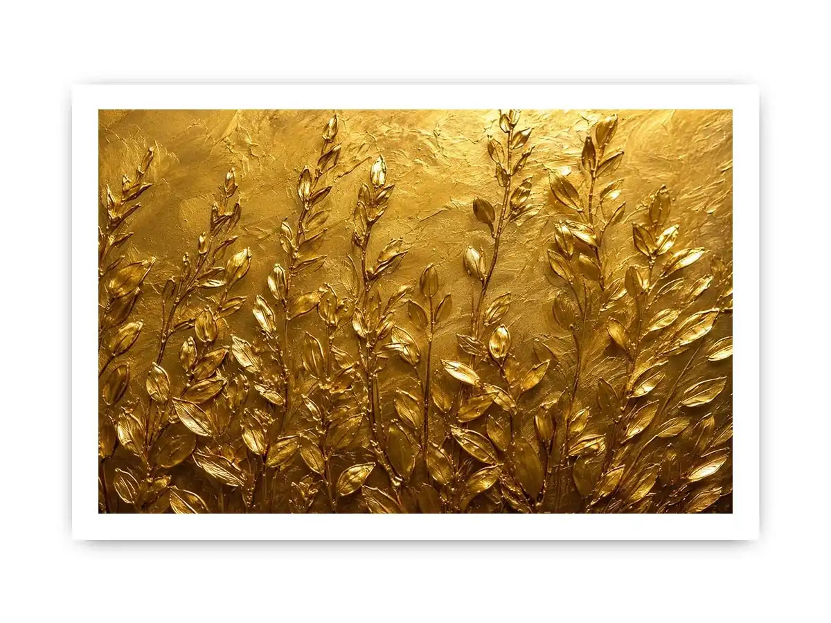 Gold botanical canvas print for warm minimalist bedroom and hallway decor.