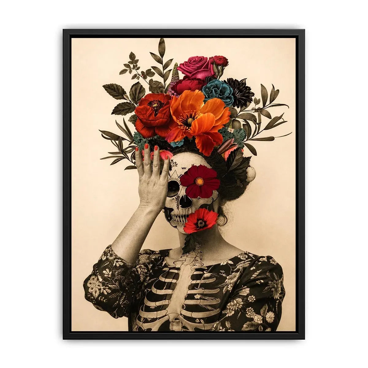 Surreal floral skull artwork with bold flowers for eclectic modern wall decor.