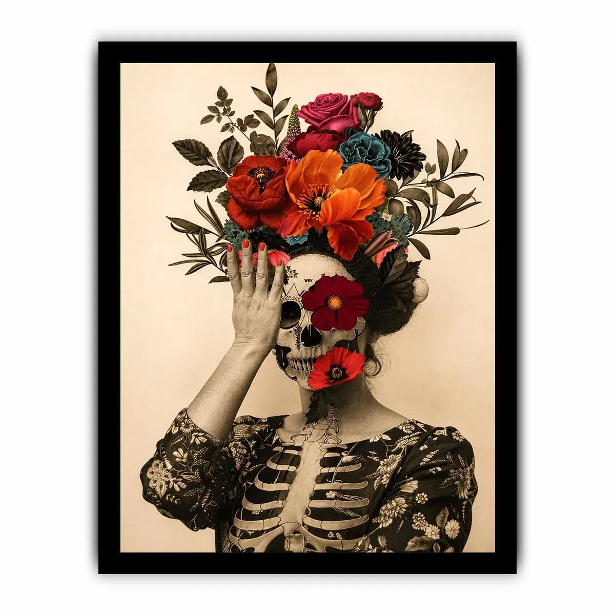 Surreal floral skull artwork with bold flowers for eclectic modern wall decor.
