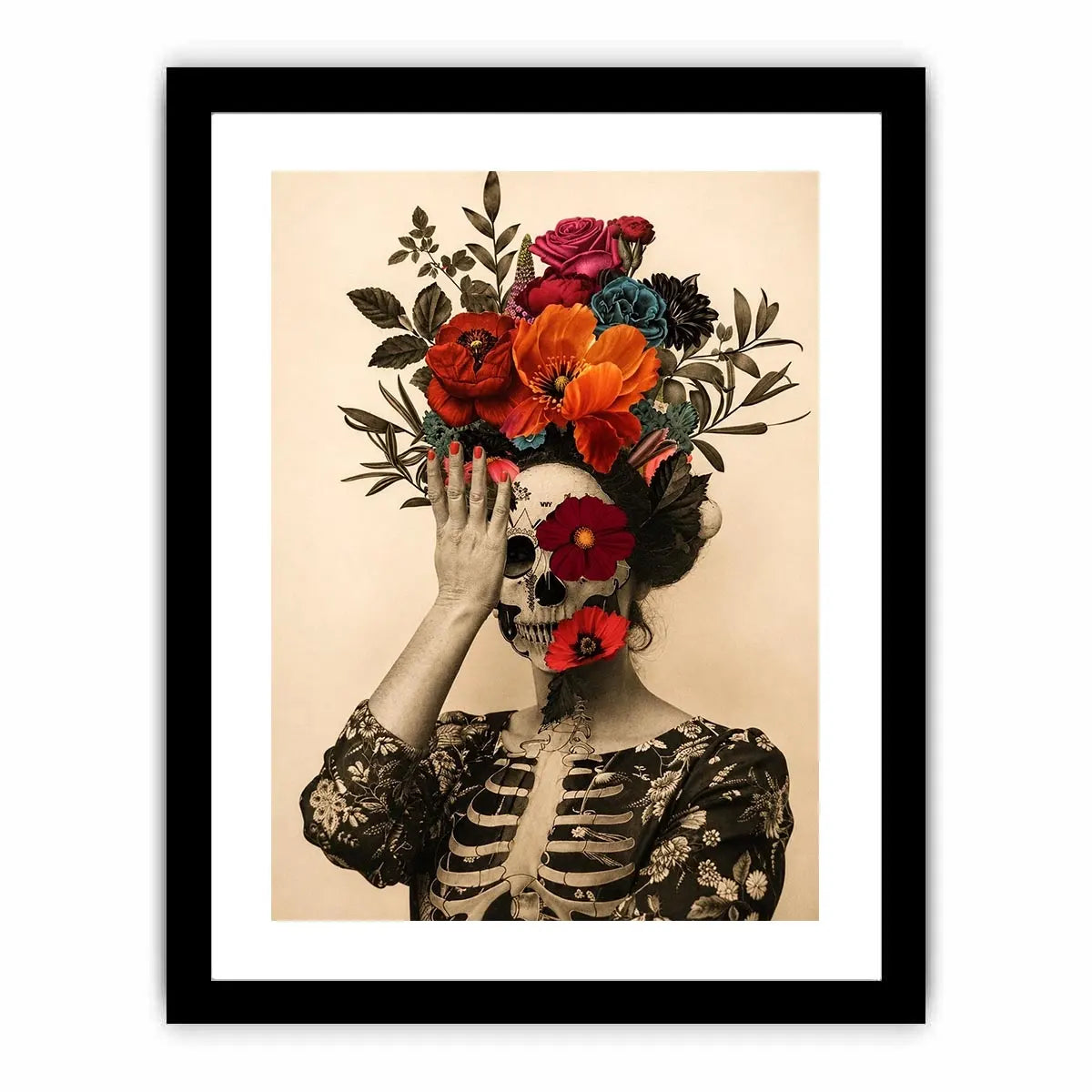 Surreal floral skull artwork with bold flowers for eclectic modern wall decor.