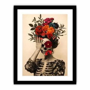 Surreal floral skull artwork with bold flowers for eclectic modern wall decor.