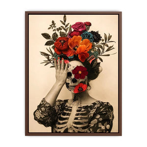 Surreal floral skull artwork with bold flowers for eclectic modern wall decor.