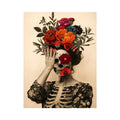 Surreal floral skull artwork with bold flowers for eclectic modern wall decor.