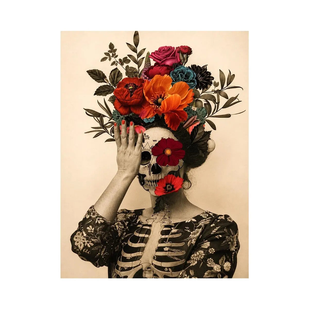 Surreal floral skull artwork with bold flowers for eclectic modern wall decor.