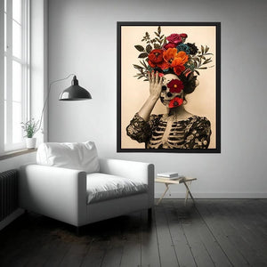 Surreal floral skull artwork with bold flowers for eclectic modern wall decor.