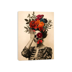 Surreal floral skull artwork with bold flowers for eclectic modern wall decor.