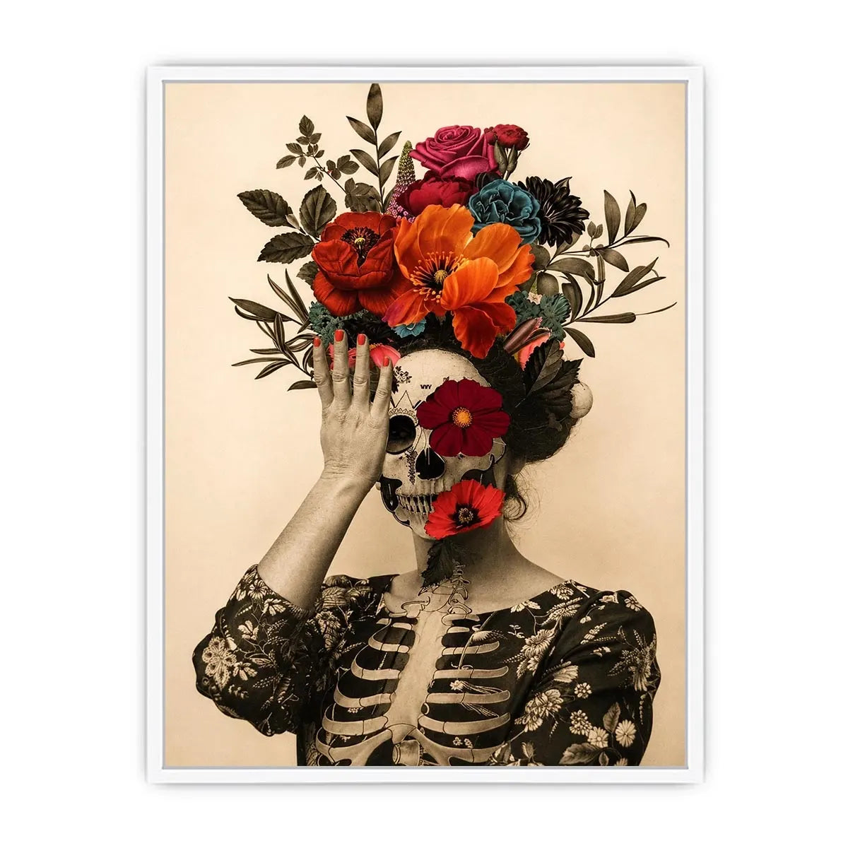 Surreal floral skull artwork with bold flowers for eclectic modern wall decor.