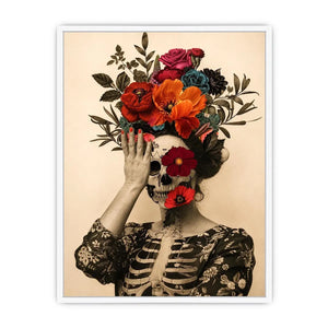 Surreal floral skull artwork with bold flowers for eclectic modern wall decor.