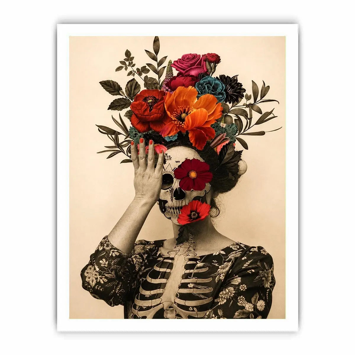 Surreal floral skull artwork with bold flowers for eclectic modern wall decor.