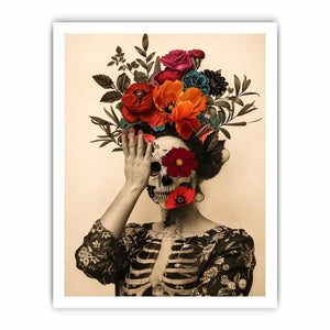 Surreal floral skull artwork with bold flowers for eclectic modern wall decor.