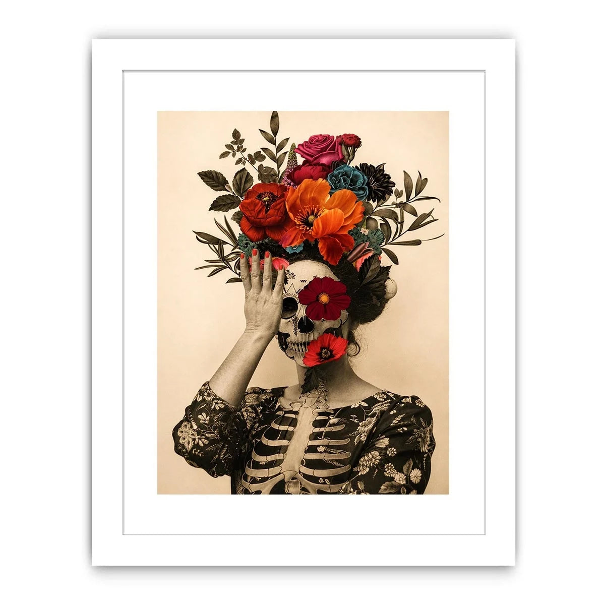 Surreal floral skull artwork with bold flowers for eclectic modern wall decor.