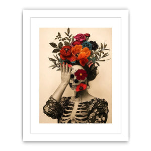 Surreal floral skull artwork with bold flowers for eclectic modern wall decor.