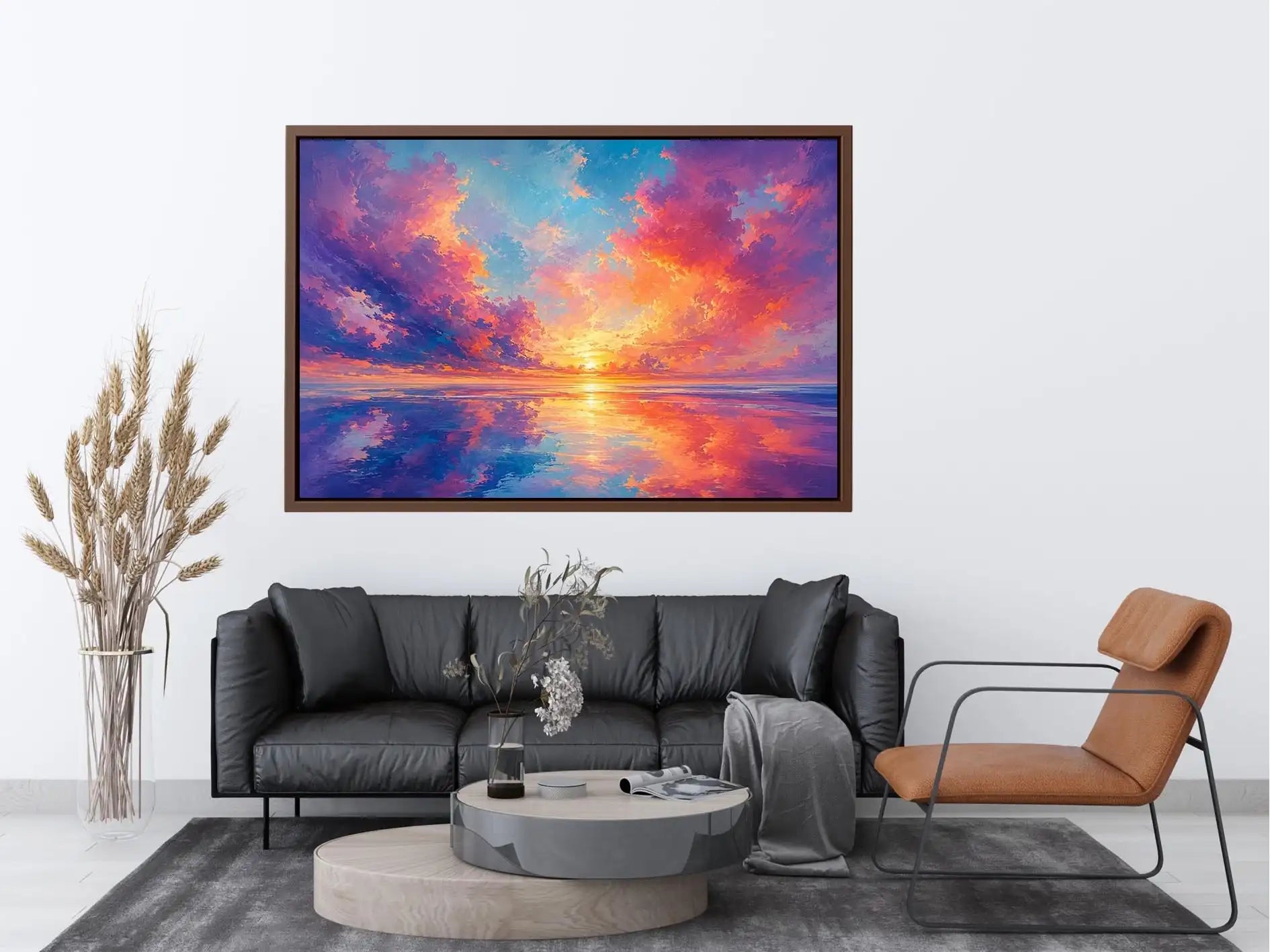 Colorful pastel sunset ocean canvas art for modern living room decor.