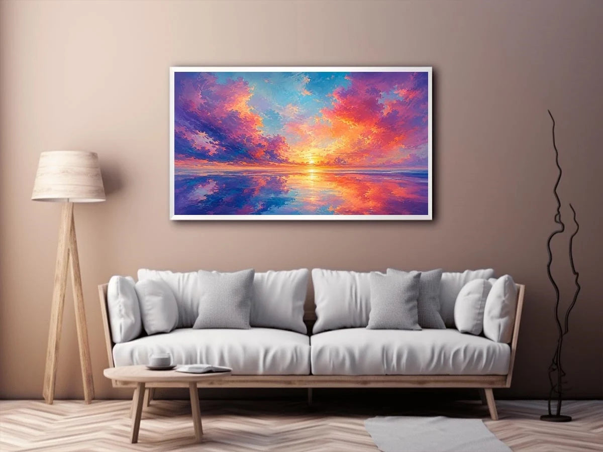 Colorful pastel sunset ocean canvas art for modern living room decor.