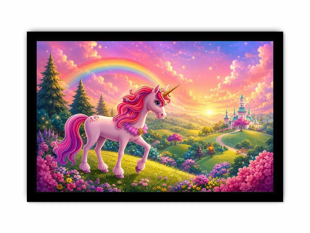 Pink unicorn fantasy canvas print for kids bedroom and nursery wall decor.