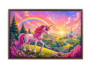 Pink unicorn fantasy canvas print for kids bedroom and nursery wall decor.
