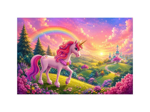Pink unicorn fantasy canvas print for kids bedroom and nursery wall decor.