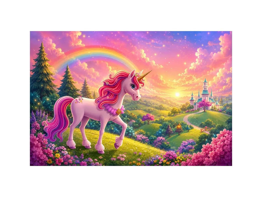 Pink unicorn fantasy canvas print for kids bedroom and nursery wall decor.