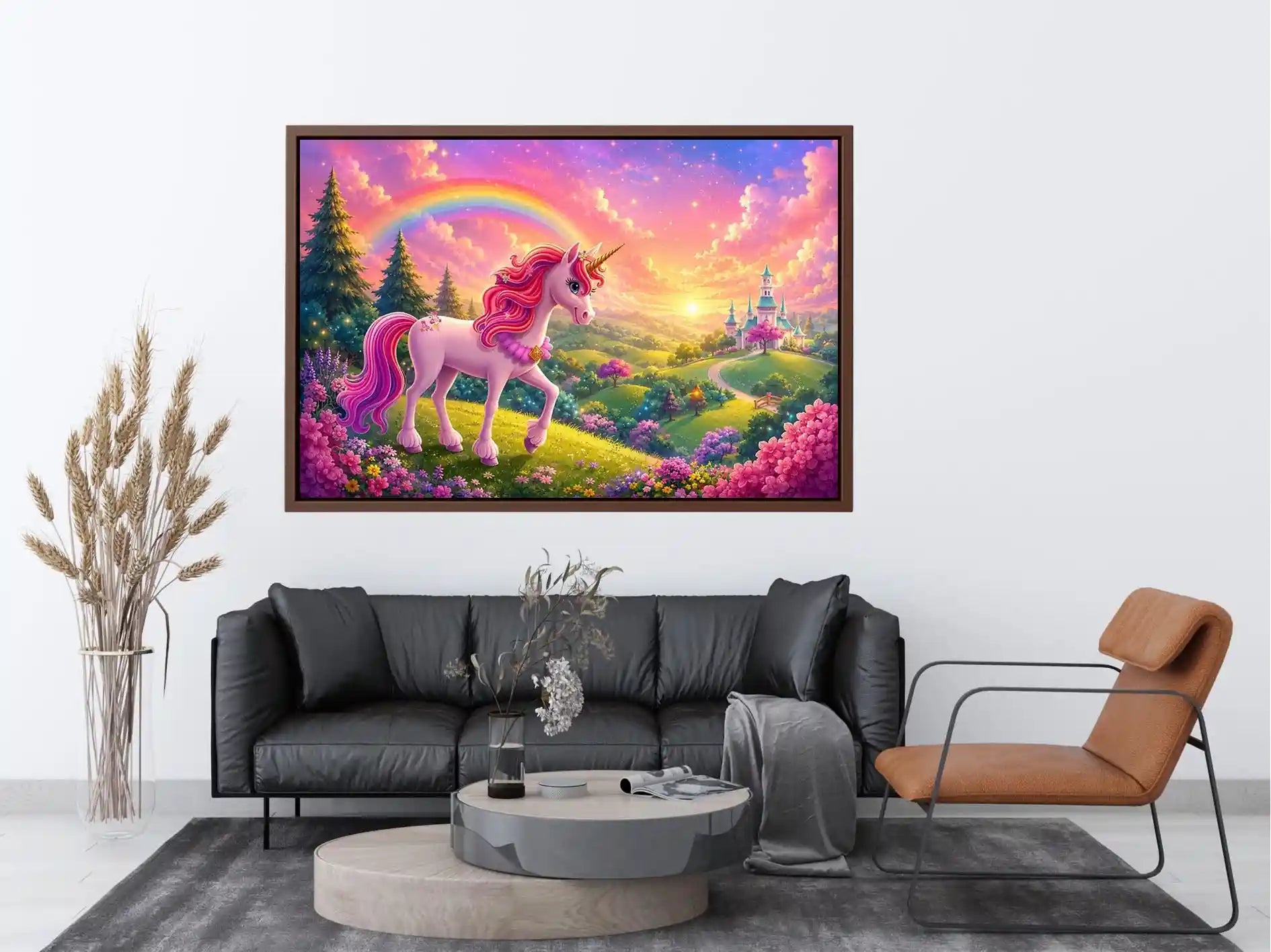 Pink unicorn fantasy canvas print for kids bedroom and nursery wall decor.