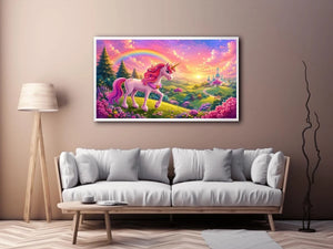 Pink unicorn fantasy canvas print for kids bedroom and nursery wall decor.