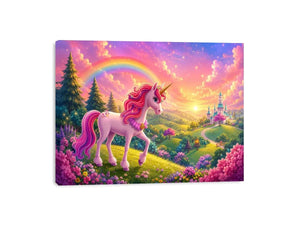 Pink unicorn fantasy canvas print for kids bedroom and nursery wall decor.