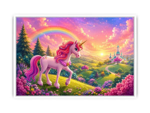 Pink unicorn fantasy canvas print for kids bedroom and nursery wall decor.