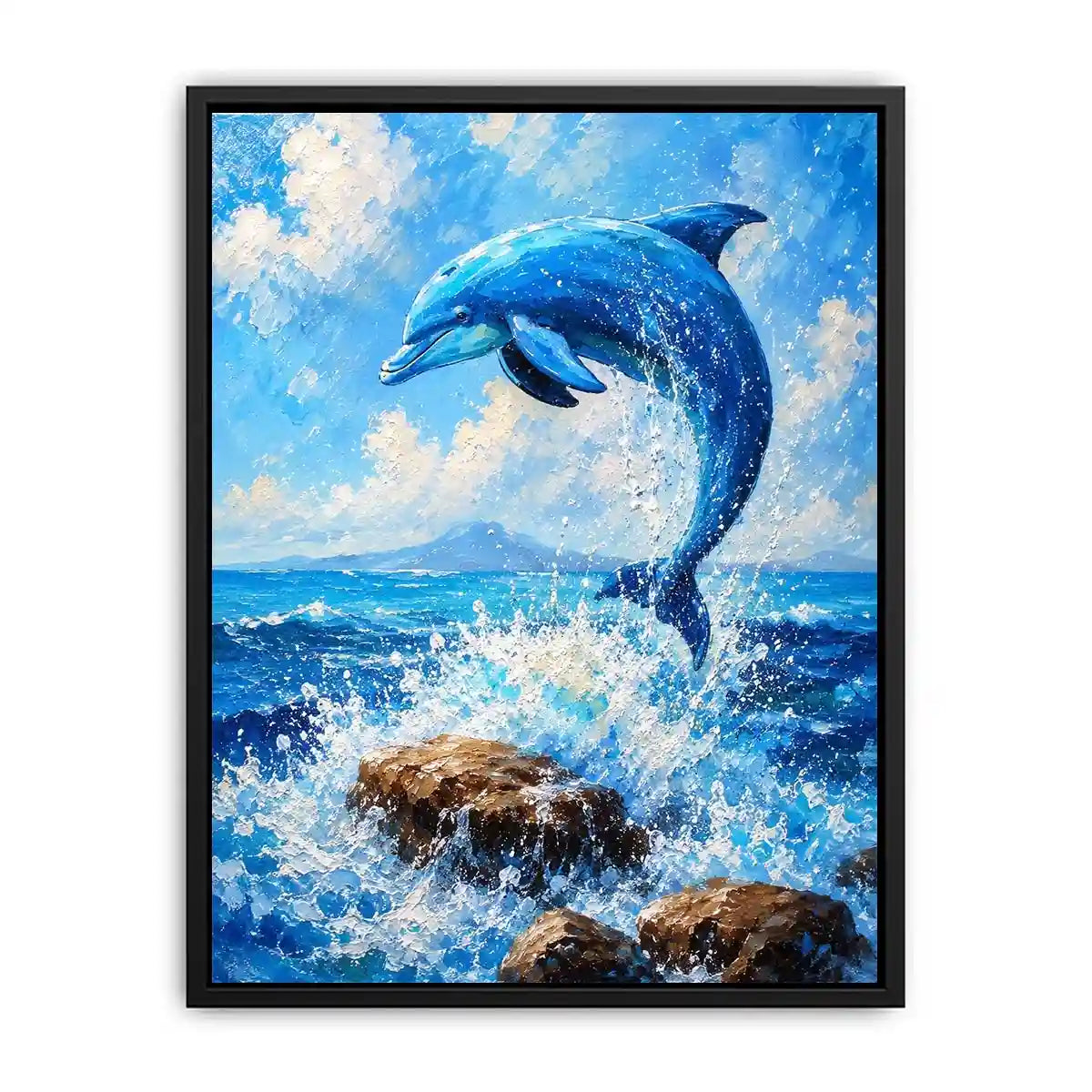 Blue dolphin ocean wall art for coastal living room and beach house decor.